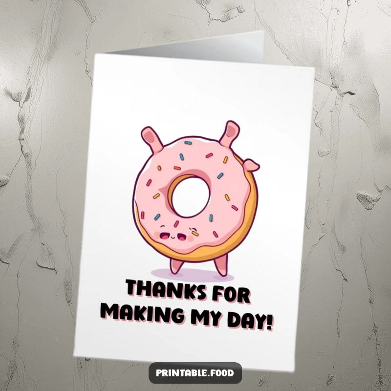 Funny Free Printable Thank You Card: Plump donut character with sprinkles does a cheerful somersault, thanking them with fun, downloadable art.