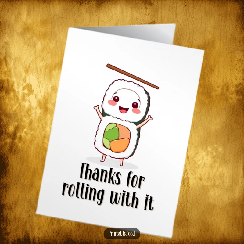 Funny Free Printable Thank You Card featuring a smiling sushi roll character balancing in a handstand with chopsticks.