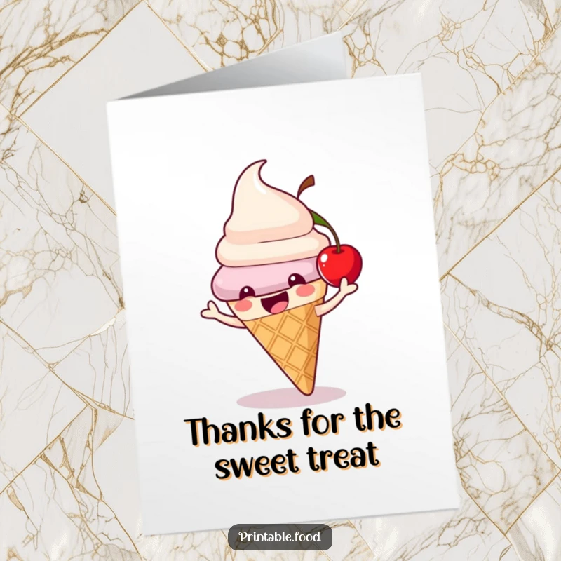 Funny Free Printable Thank You Card with a happy ice cream cone character and a bouncing cherry expressing thanks.
