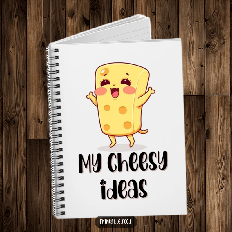 Funny blushing cheese doing a silly jig on a notebook cover, ideal for journaling foodie humor.