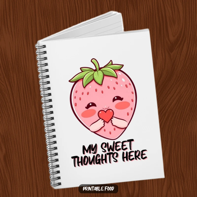 Funny notebook with a cover showing a blushing strawberry character shyly presenting a tiny heart, perfect for journaling dreams.
