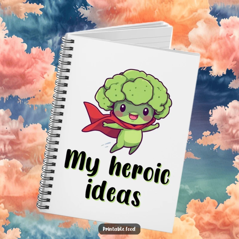 Funny notebook cover featuring a powerful broccoli floret superhero flying determinedly, ready to record great ideas.