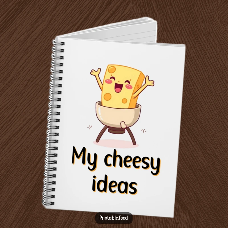 Funny Cheese Fondue Notebook: A delighted cheese character leaps into a fondue pot, making note-taking a delightful and cheesy experience.