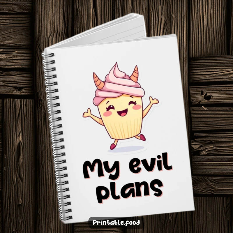 Funny notebook cover featuring a grinning cupcake with frosting horns, energetically hopping, inspiring creative writing.