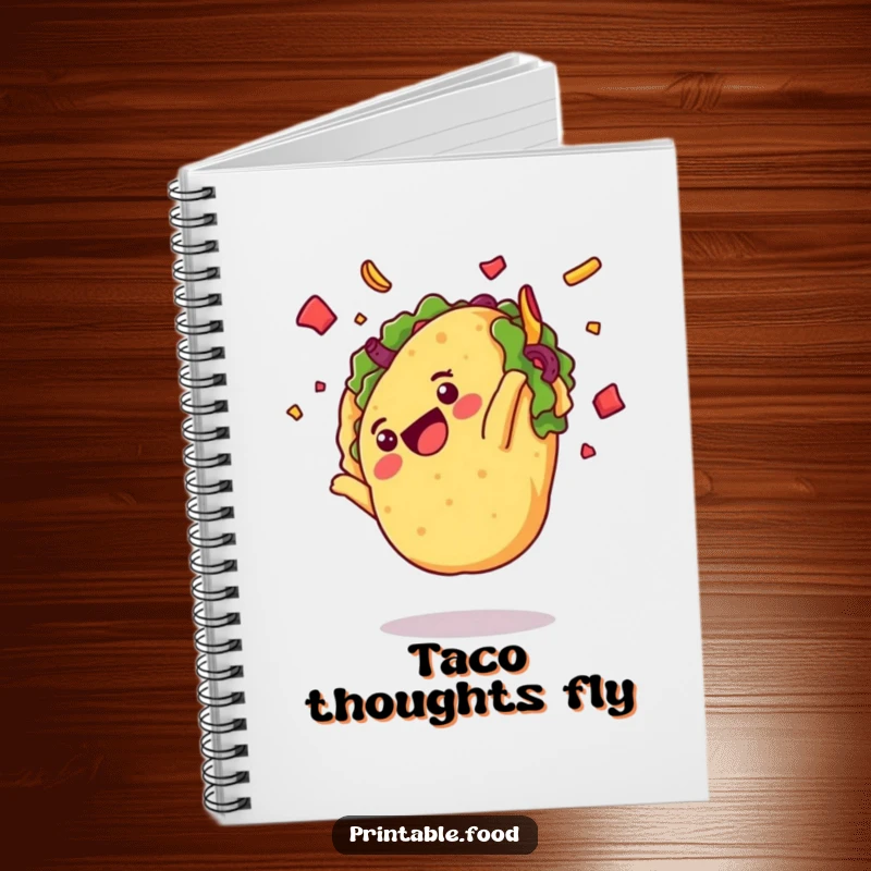 Funny notebook with a delighted taco character mid-somersault, perfect for jotting down delicious and funny ideas, a great gift.