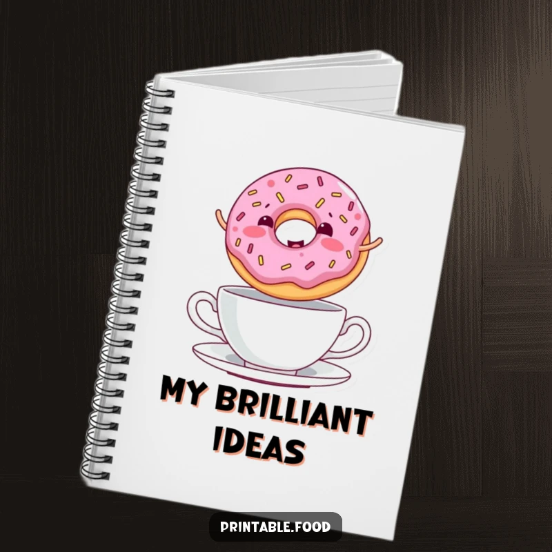 Funny Notebook with a giggling donut and sprinkles jumping over a teacup, designed for jotting down ideas.