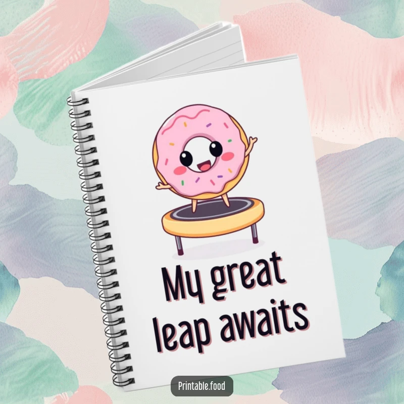 Funny donut character joyfully bouncing on a trampoline, featured on a notebook cover, inspiring creative and cheerful note-taking.