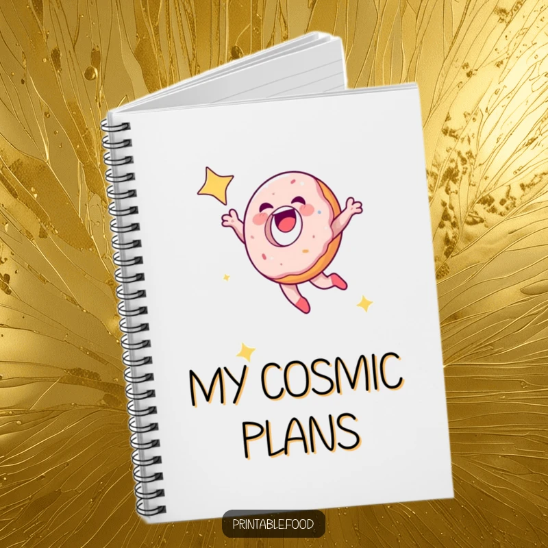 Funny laughing doughnut leaping into a starry sky on a notebook cover, ideal for journaling sweet thoughts.