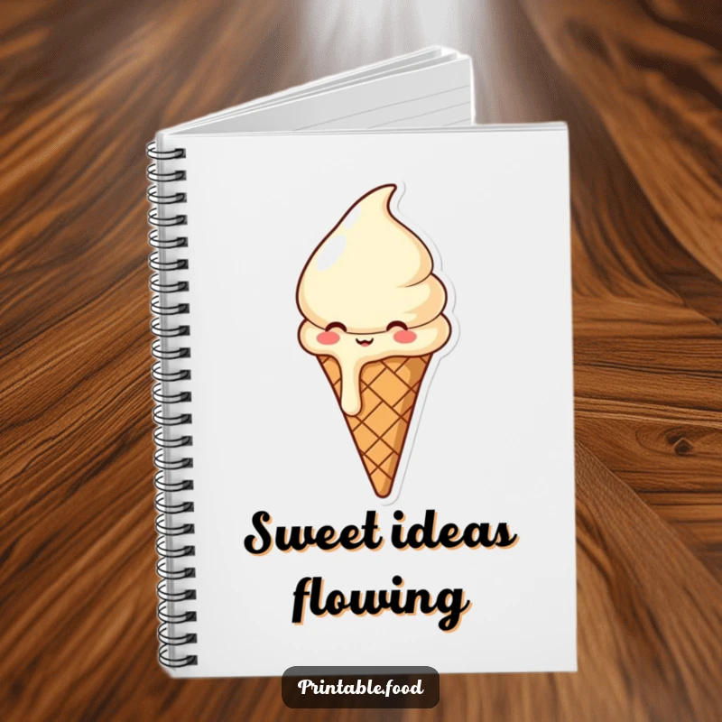 Funny notebook with a giggling, melting ice cream cone cover, inspiring joyful note-taking and sweet thoughts with its delightful design.