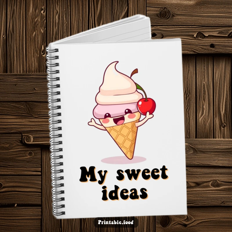 Funny ice cream cone notebook with a playful character and a bouncing cherry, perfect for writing and drawing.