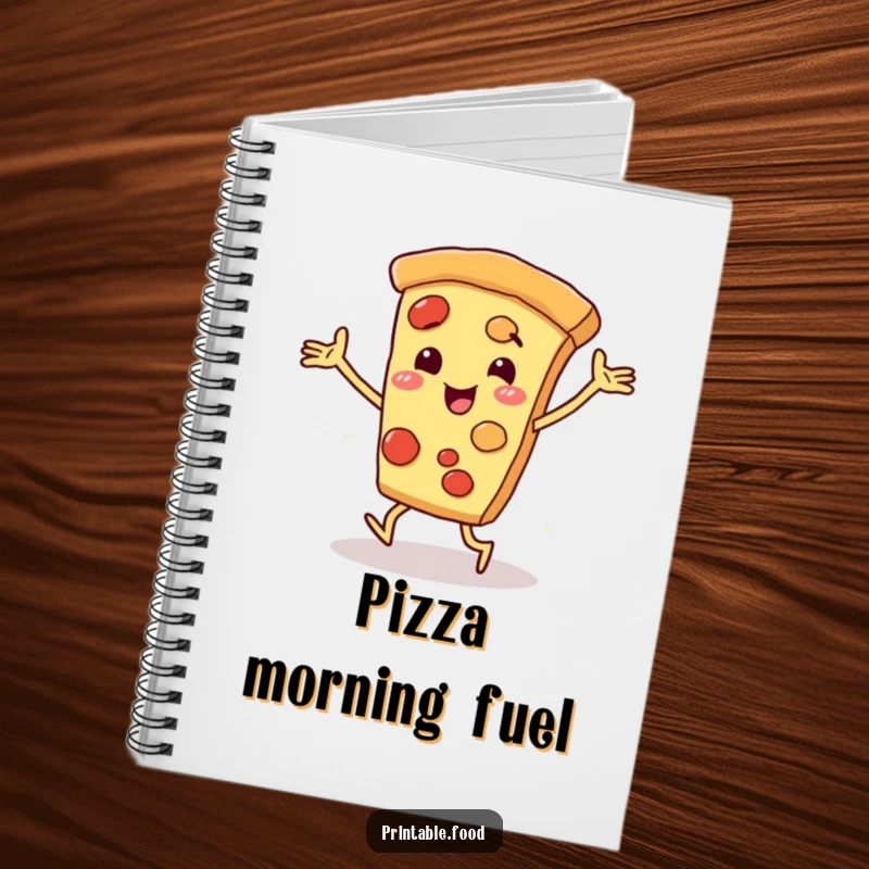 Funny dancing pizza slice character with arms and legs featured on the cover of a notebook, perfect for humorous note-taking.