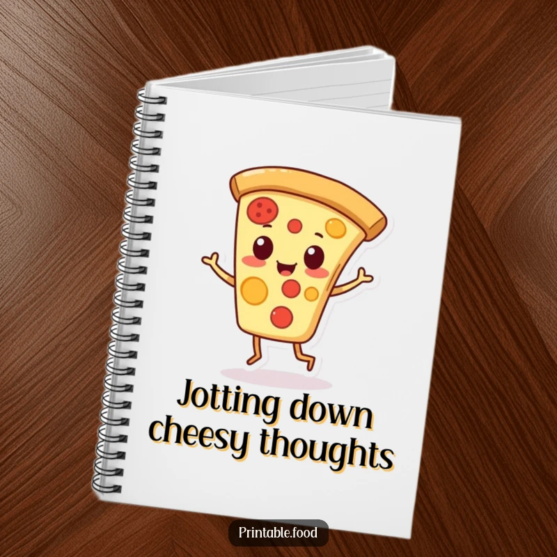 Funny notebook with a playful pizza slice character doing a jaunty jig, for jotting notes with cheerful humor.