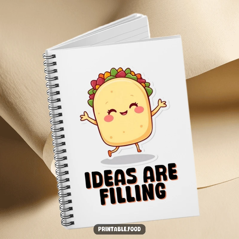 Funny notebook: A smiling taco character dances energetically, perfect for recording festive plans and fun ideas.