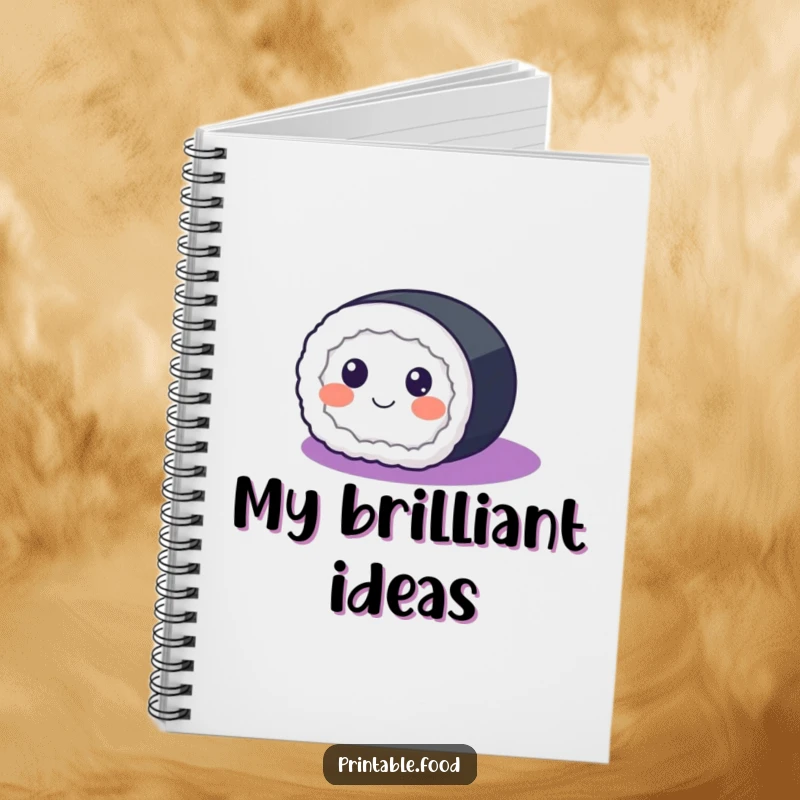 Funny Notebook with a happy sushi roll having eyes, rolling across a purple gradient, designed for jotting down thoughts.