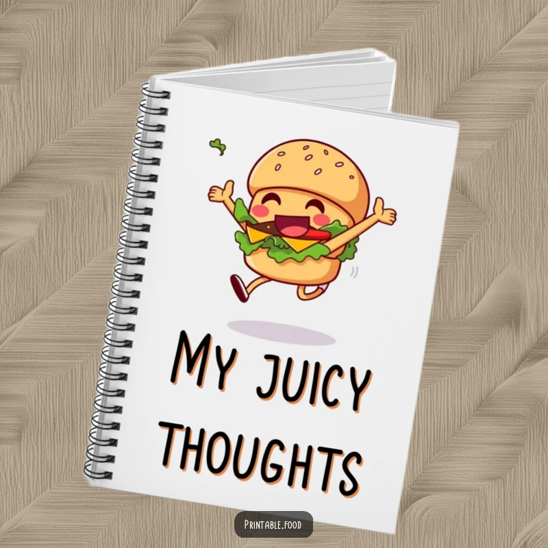 Funny grinning burger notebook with a character leaping joyfully, lettuce flying, perfect for writing and brainstorming.