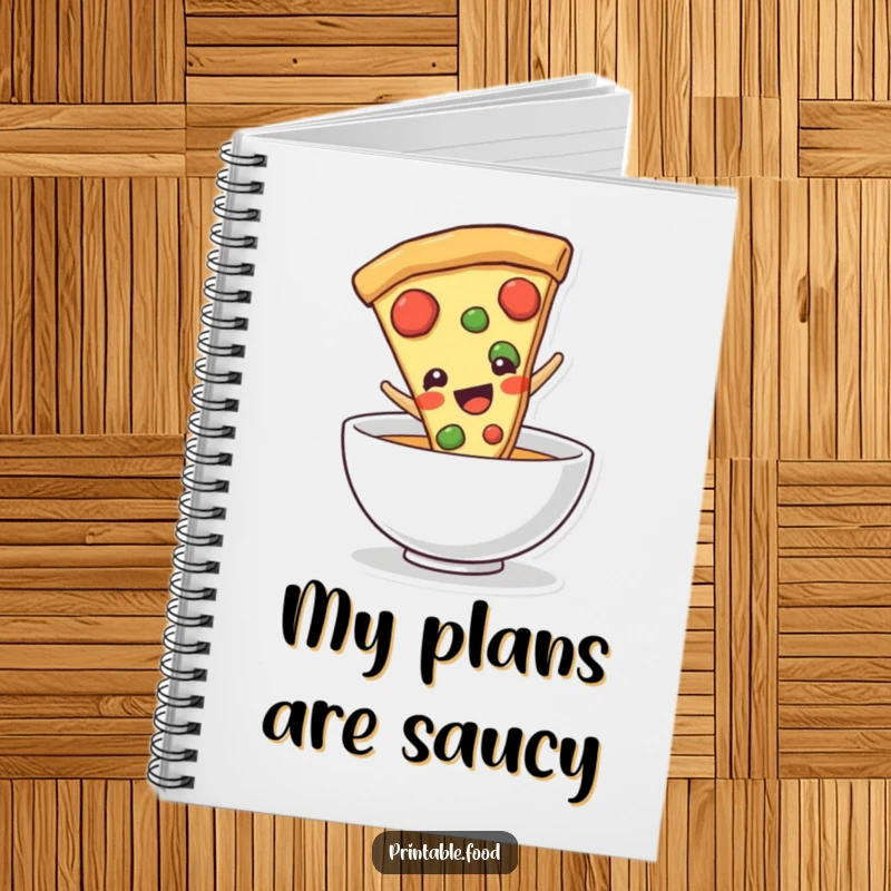 Funny pizza slice character sliding into a bowl, on a notebook cover, inspiring delicious thoughts and humorous note-taking.