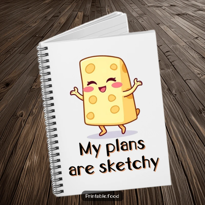 Funny notebook cover with a winking cheese wedge character doing a playful jig, ideal for jotting down cheerful thoughts and plans.