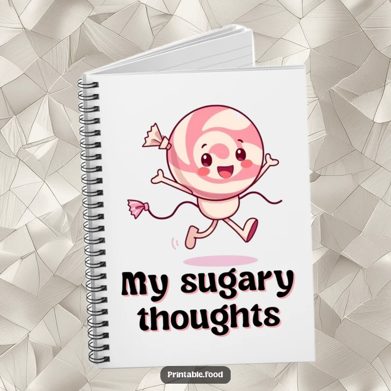 Funny cheerful candy notebook with a character skipping joyfully, wrappers trailing, perfect for writing and brainstorming.