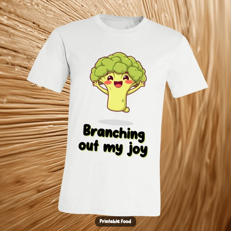 Funny t-shirt with a delighted broccoli floret performing an energetic jump, radiating pure happiness and playful spirit.