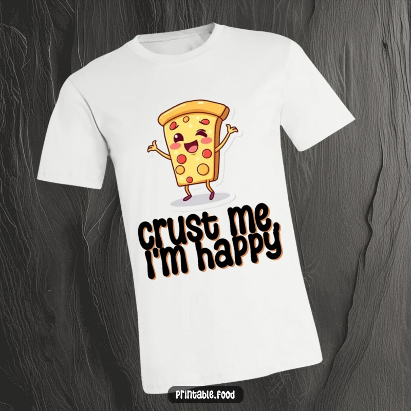 Funny t-shirt depicting a cheerful pizza slice character doing a happy dance on its crust, celebrating the joy of pizza.