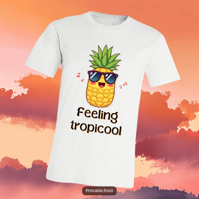 Funny t-shirt depicting a cheerful pineapple sporting stylish sunglasses and humming, exuding tropical coolness and a carefree spirit.