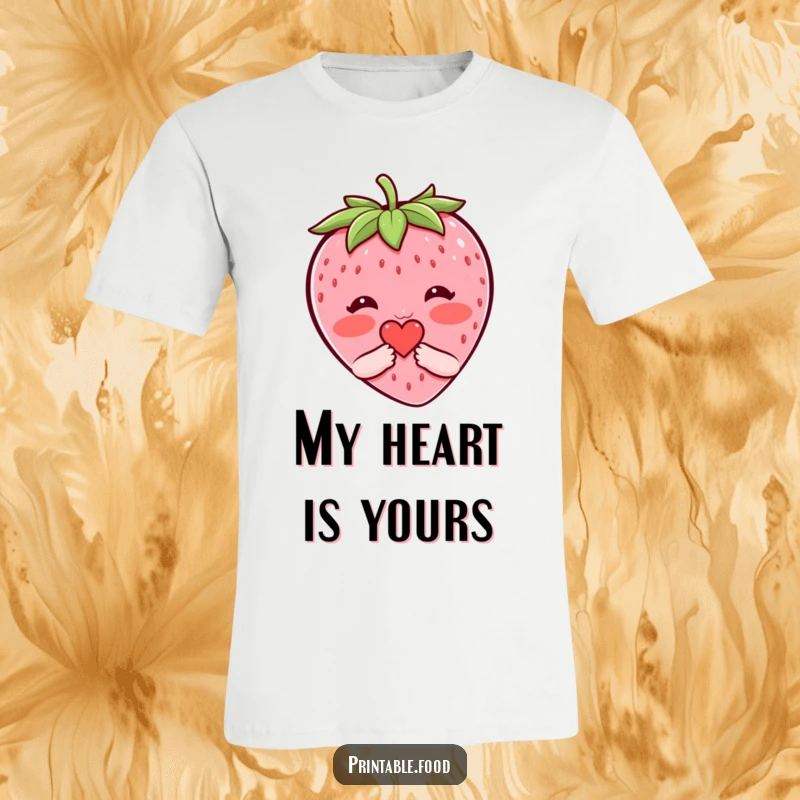 Funny t-shirt featuring a blushing strawberry character shyly presenting a tiny heart, ideal for conveying sweet and humorous affection.