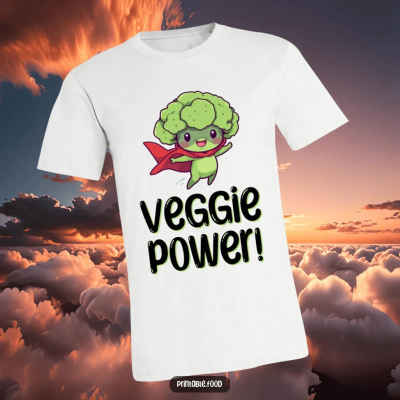 Funny t-shirt showcasing a brave broccoli floret wearing a superhero cape, soaring through the sky with a smile.