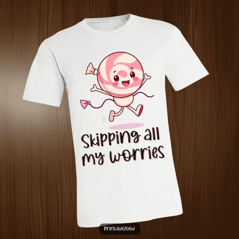 Funny cheerful candy t-shirt featuring a character skipping with joy, wrappers trailing, ideal for casual and fun wear.