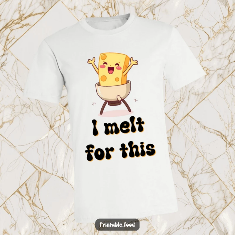Funny Cheese Fondue T-Shirt: A delighted cheese wedge character leaps with abandon into a pot of warm fondue, celebrating cheesy goodness.