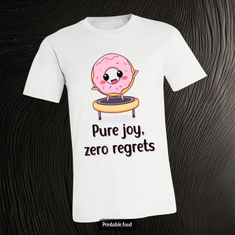 Funny donut character energetically bouncing on a trampoline, conveying extreme happiness and a playful spirit, ideal for a fun t-shirt.