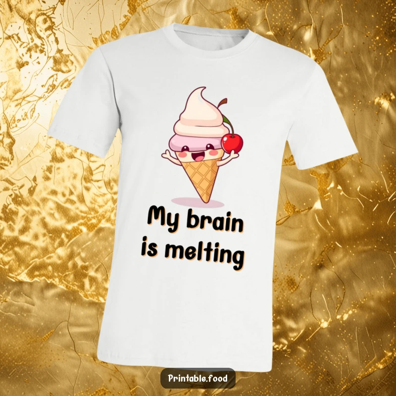 Funny ice cream cone t-shirt with a playful character and a bouncing cherry, ideal for casual wear and dessert lovers.