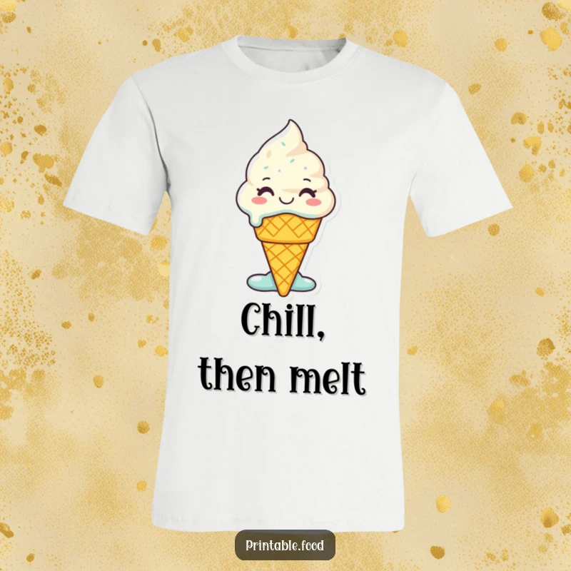 Funny Ice Cream T-Shirt: A smiling ice cream cone character is melting with glee, embodying pure, sweet happiness.