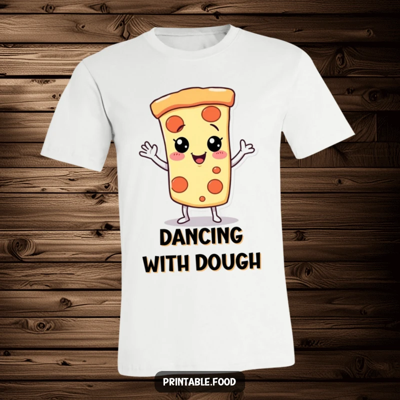 Funny T-Shirt featuring a giggling pizza slice character dancing merrily with a playful wave.