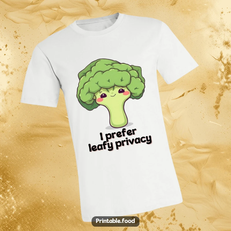 Funny t-shirt featuring a shy broccoli floret peeking from behind a leaf, conveying a sense of adorable timidity.