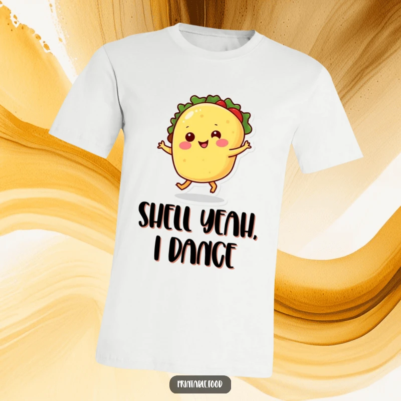Funny t-shirt showcasing a smiling taco character with legs doing a merry dance, embodying pure joy.