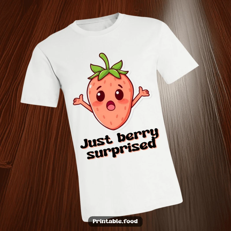 Funny surprised strawberry with tiny arms outstretched on a t-shirt, great for fruity and surprised humor.