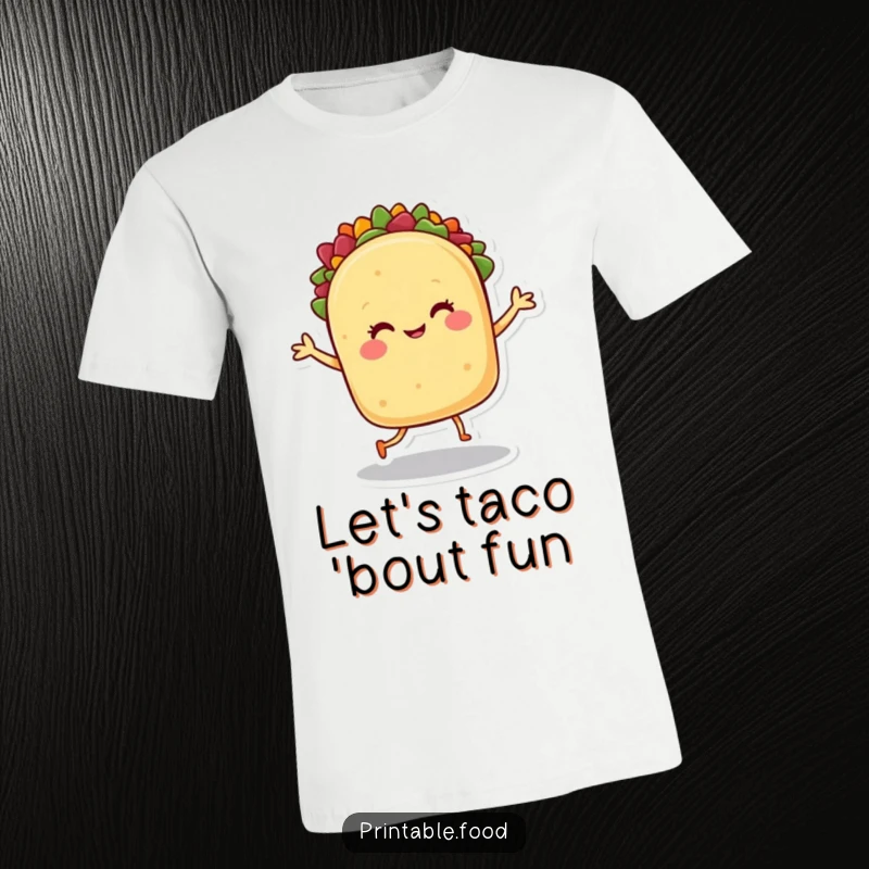 Funny t-shirt: A smiling taco character with legs performs a lively dance, radiating pure happiness and fiesta vibes.