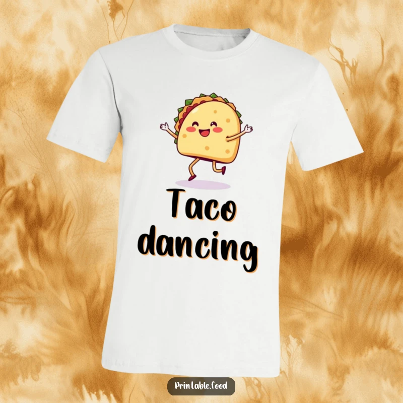 Funny t-shirt depicting a cheerful taco with legs doing a lively salsa dance, full of festive energy.