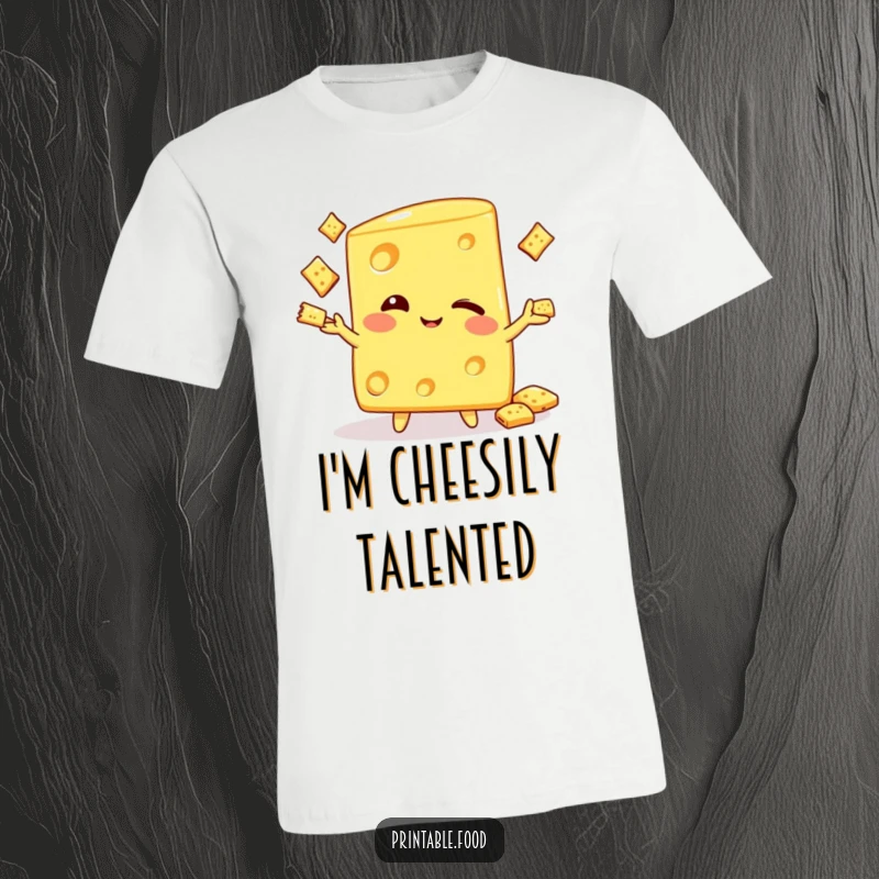 Funny t-shirt print of a winking cheese wedge character skillfully juggling tiny crackers, embodying playful food humor and charm.