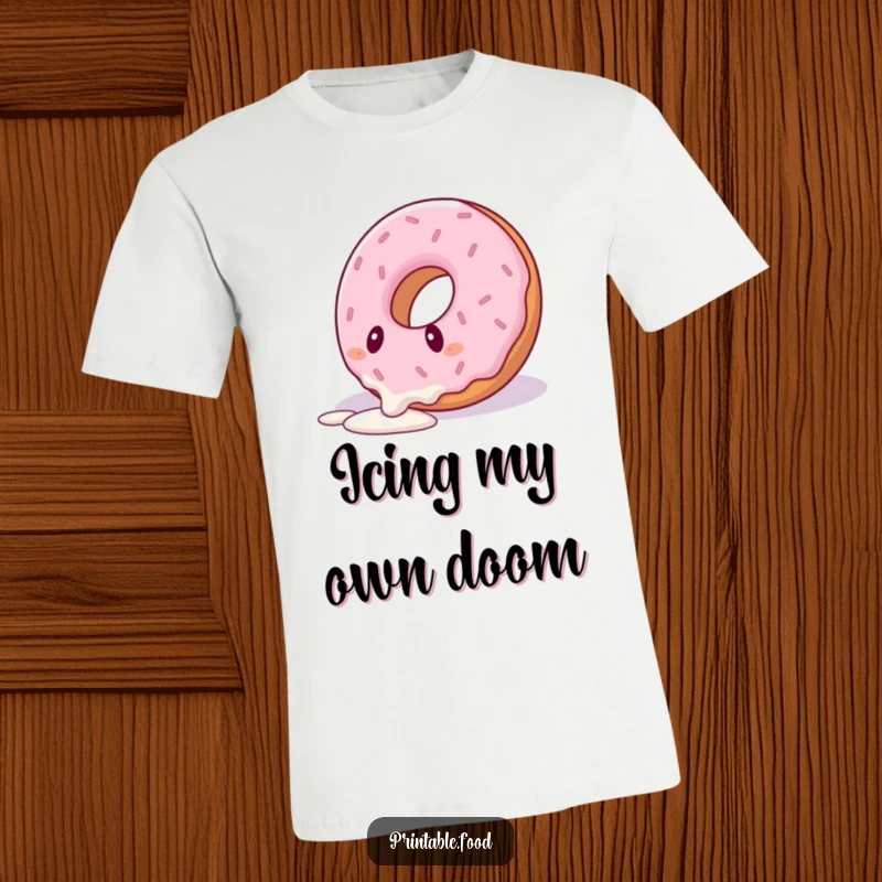 Funny t-shirt featuring a donut character hilariously tripping over its own extended icing drizzle, a comical sight.