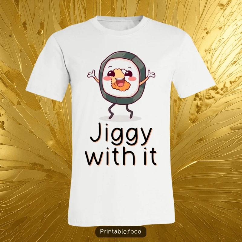 Funny t-shirt designed with a cheerful sushi roll character, legs kicking, performing an energetic and joyful jig.