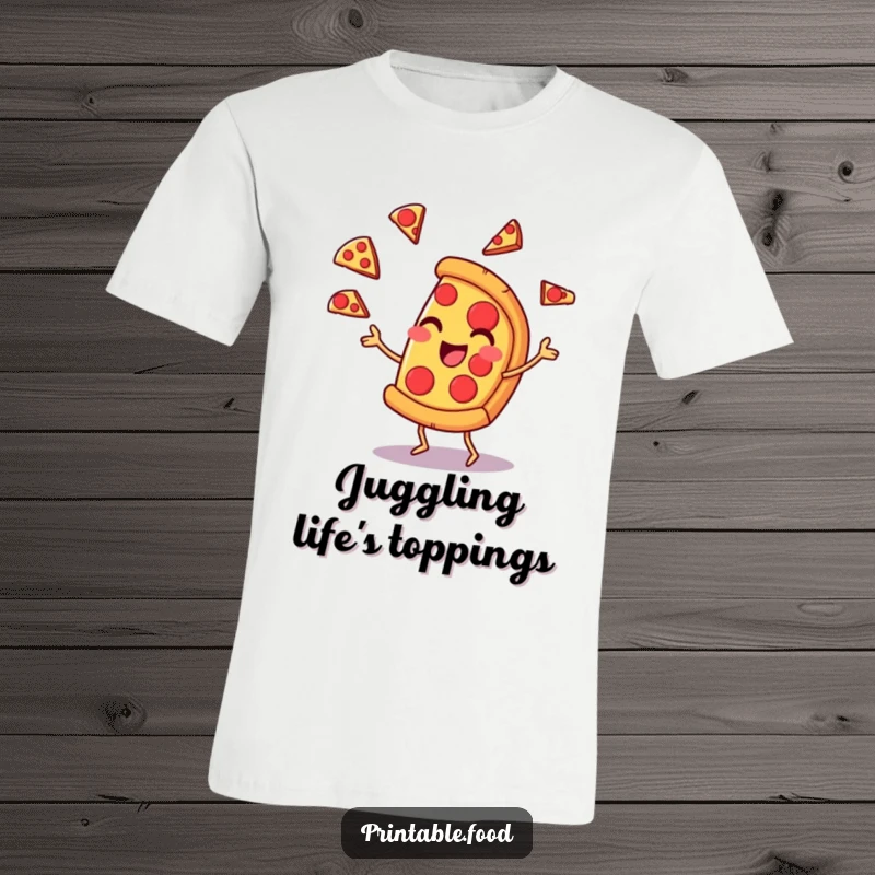 Funny t-shirt depicting a happy pizza slice character expertly juggling pepperoni slices with a playful smirk, celebrating deliciousness and humor.