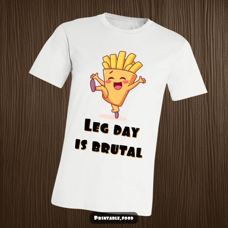 Funny t-shirt showcasing a delighted french fry character mid-high kick, full of energy and a massive grin.
