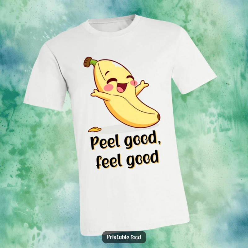 Funny t-shirt: A gleeful banana character hilariously tumbles after slipping on its own discarded peel, radiating infectious laughter.