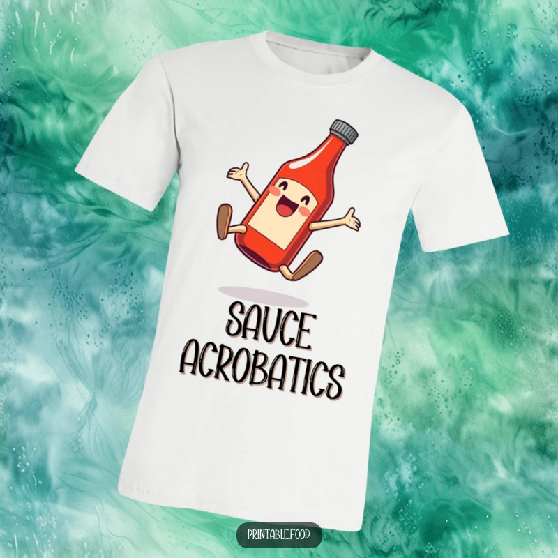 Funny t-shirt depicting a jubilant bottle of ketchup doing a cartwheel, radiating condiment cheerfulness.