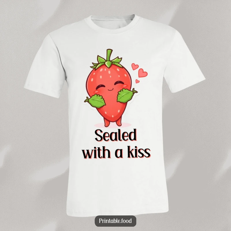 Funny Strawberry Kiss T-Shirt: A giggling strawberry character strikes a cute pose, with leafy arms extended to send a playful kiss.