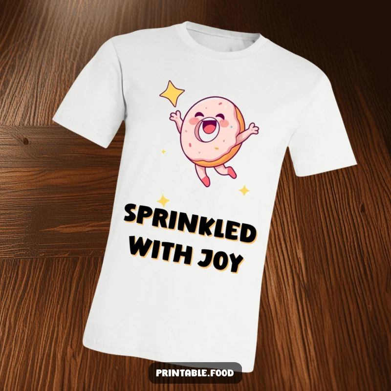 Funny laughing doughnut leaping into a starry sky on a t-shirt, perfect for sweet and celestial humor.