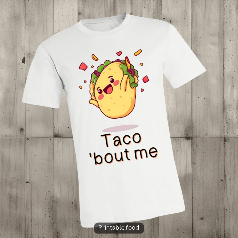 Funny t-shirt featuring a delighted taco character doing a somersault with flying toppings, a hilarious and festive design.
