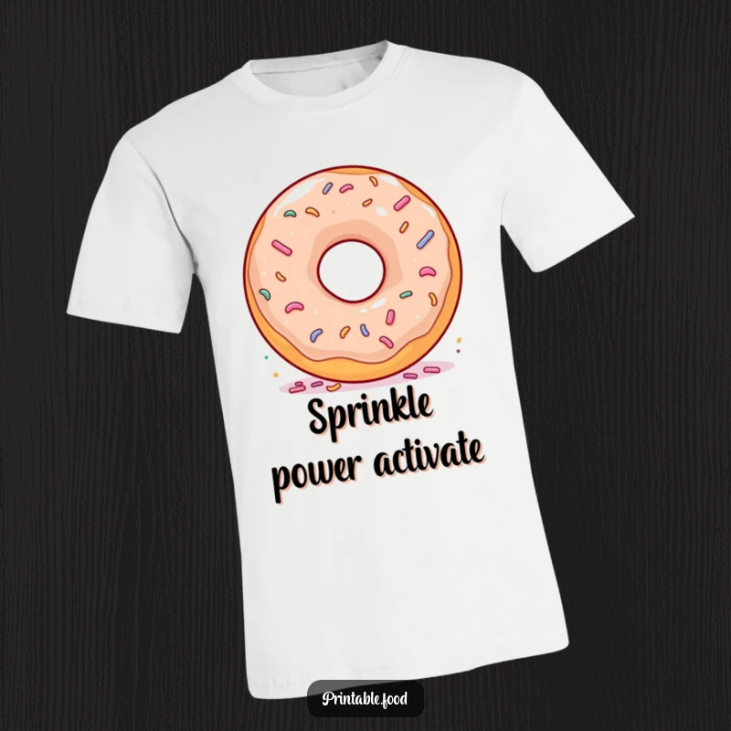 Funny Donut Spinning Sprinkles T-Shirt: A happy donut in mid-spin, adorned with vibrant sprinkles, embodying sugary bliss.