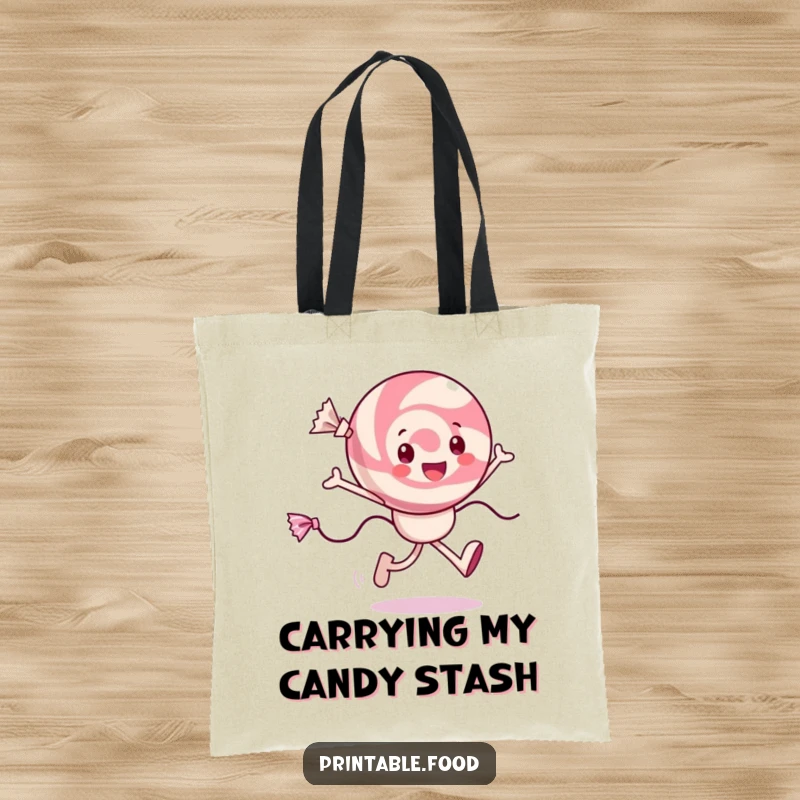 Funny cheerful candy tote bag with a character skipping, wrappers trailing, perfect for shopping and daily use.